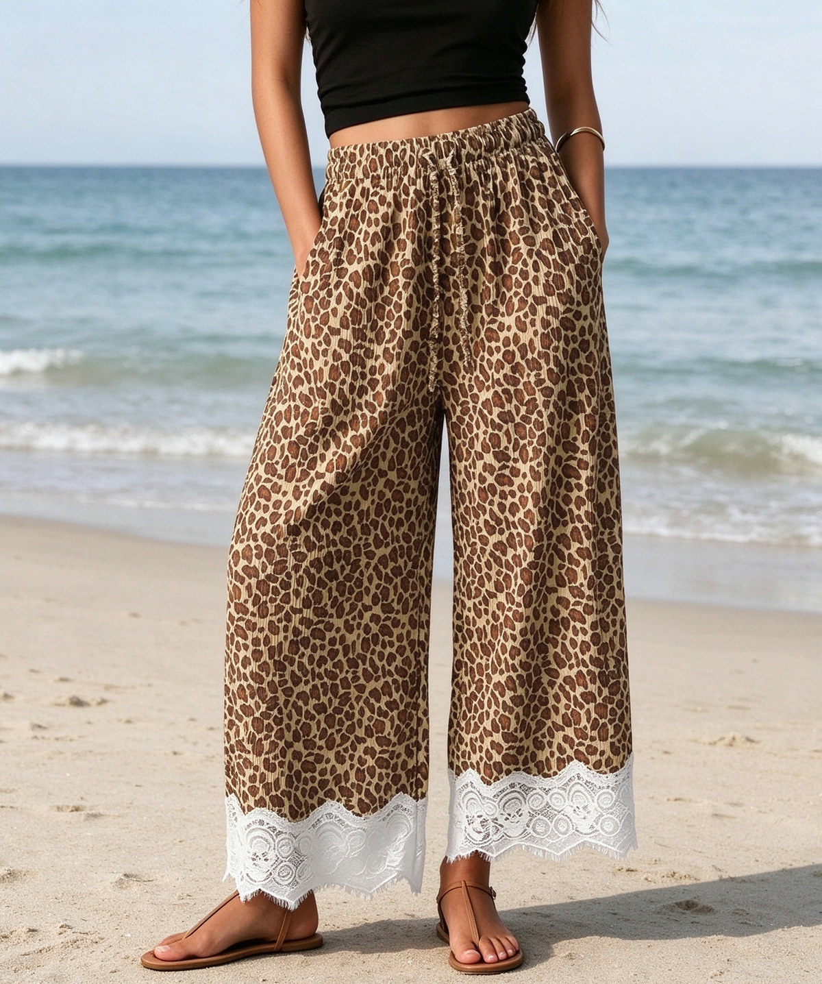 Leopard Ribbed Drawstring Lace Hem Wide Leg Pants - Brown