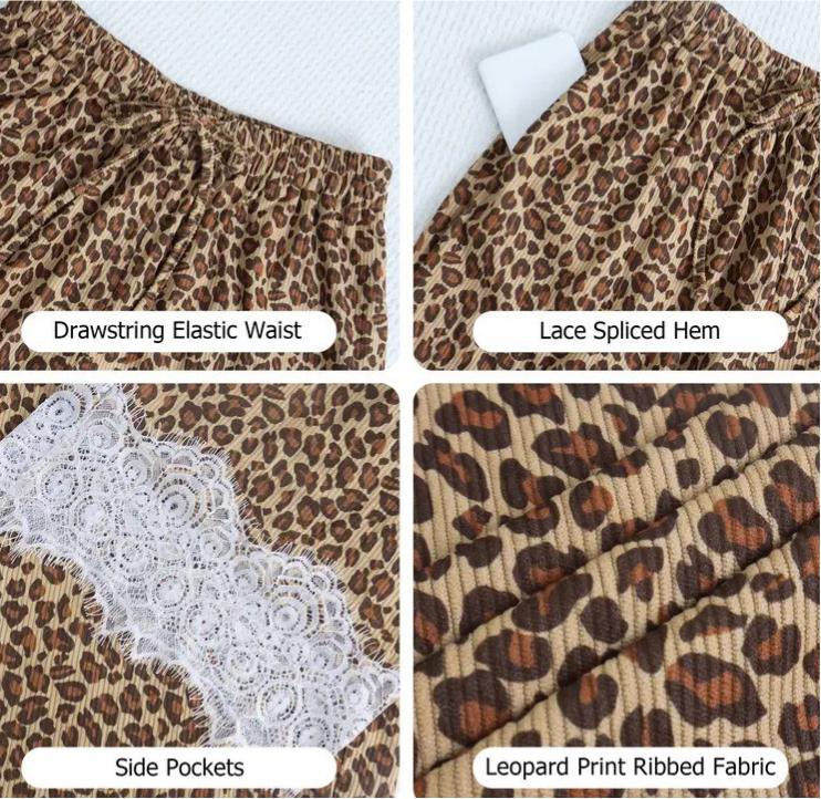 Leopard Ribbed Drawstring Lace Hem Wide Leg Pants - Brown - 1