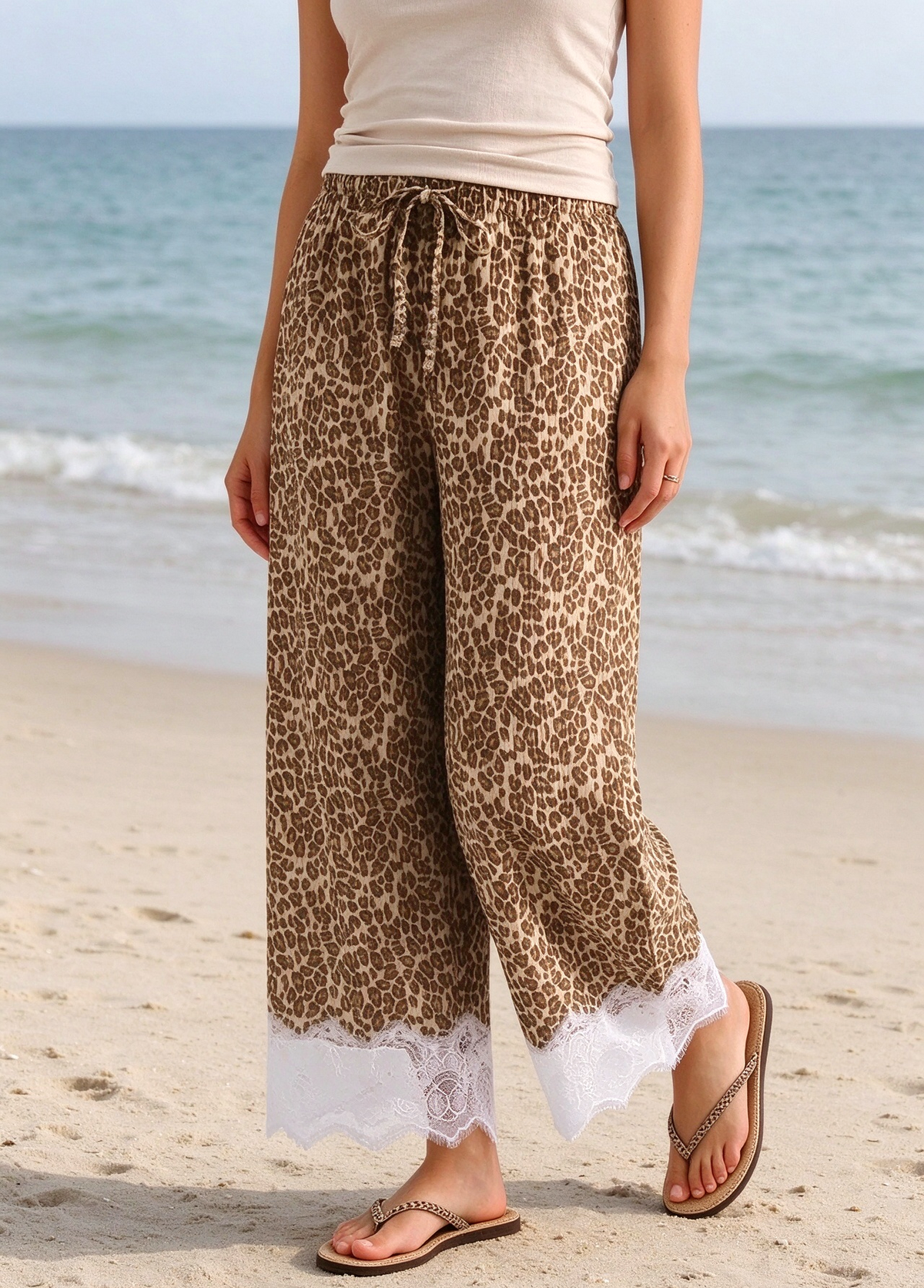Leopard Ribbed Drawstring Lace Hem Wide Leg Pants - Brown - 2