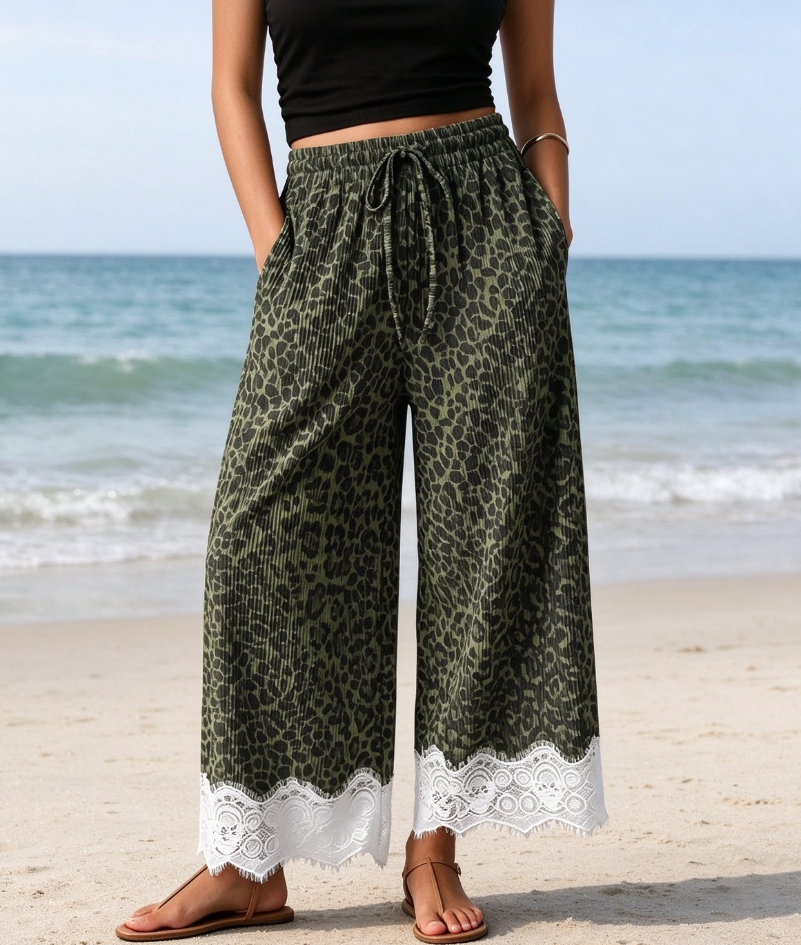Leopard Ribbed Drawstring Lace Hem Wide Leg Pants - Green