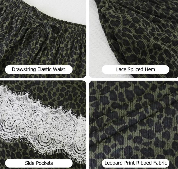 Leopard Ribbed Drawstring Lace Hem Wide Leg Pants - Green - 1
