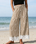 Leopard Ribbed Drawstring Lace Hem Wide Leg Pants - Khaki