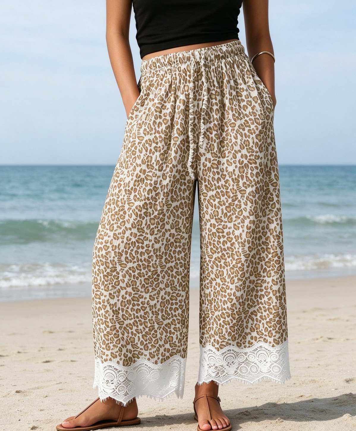 Leopard Ribbed Drawstring Lace Hem Wide Leg Pants - Khaki