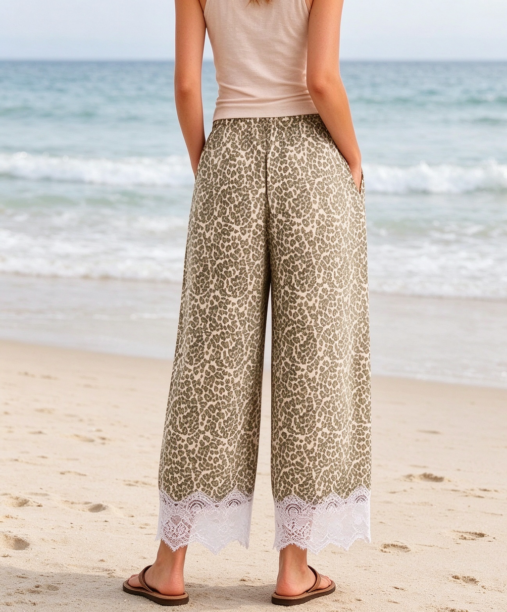 Leopard Ribbed Drawstring Lace Hem Wide Leg Pants - Khaki - 1