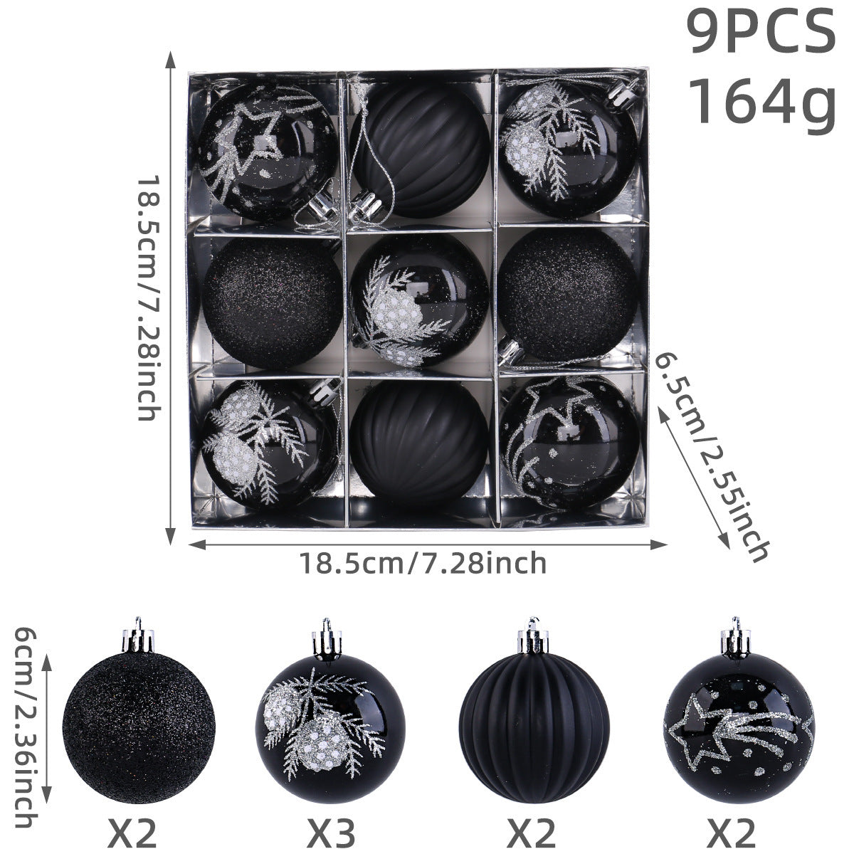 Christmas Tree Ball Ornaments 9 Piece Boxed Set - Black