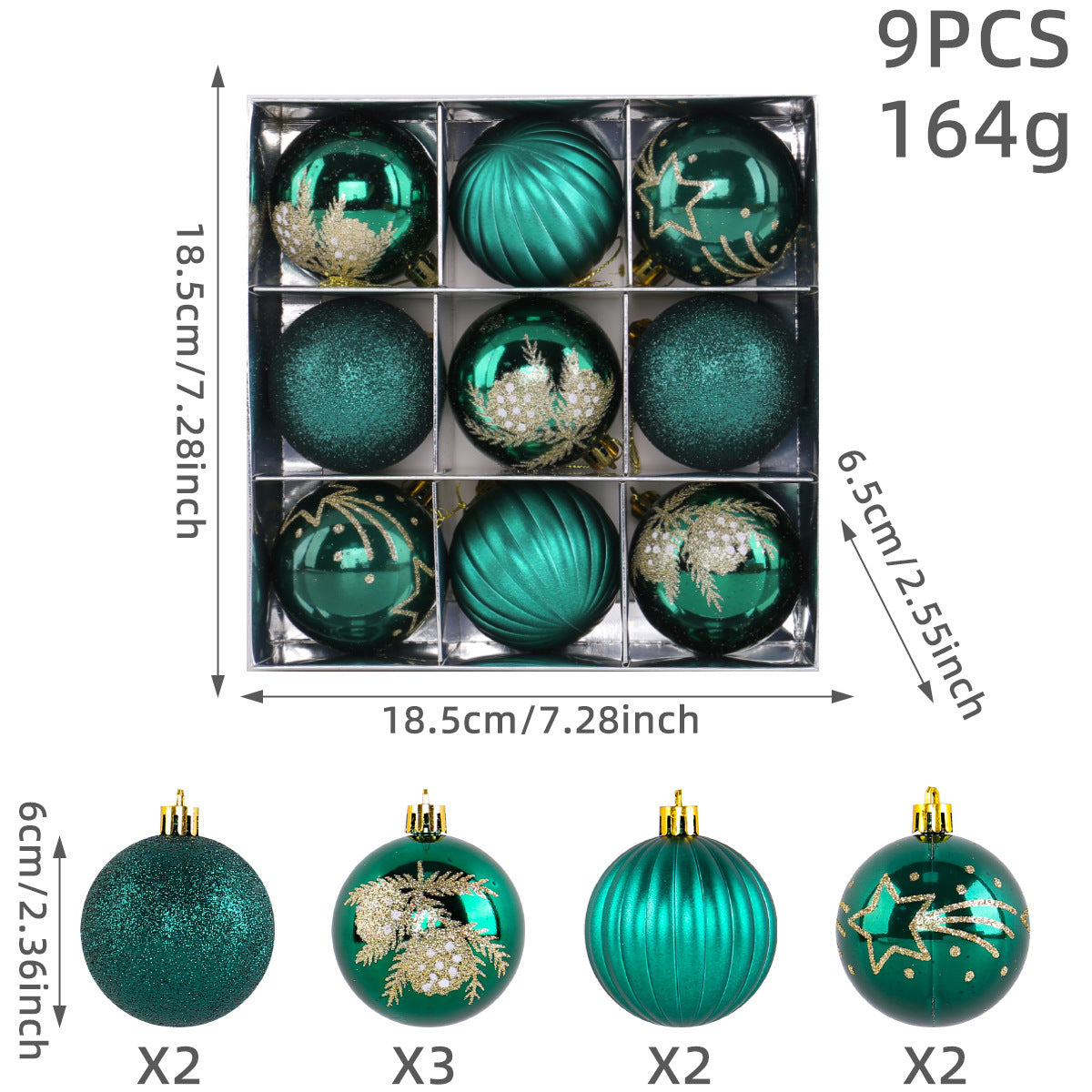 Christmas Tree Ball Ornaments 9 Piece Boxed Set - Deepgreen