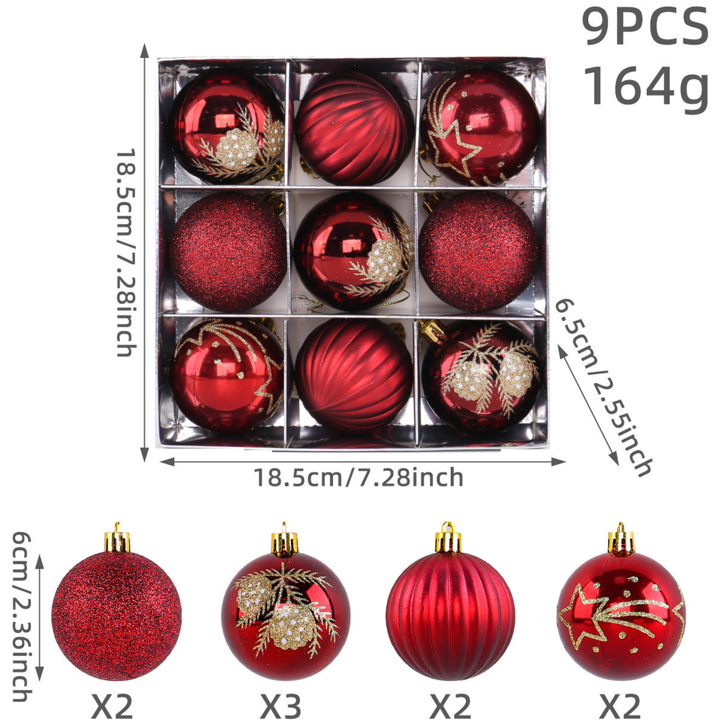 Christmas Tree Ball Ornaments 9 Piece Boxed Set - Deepred