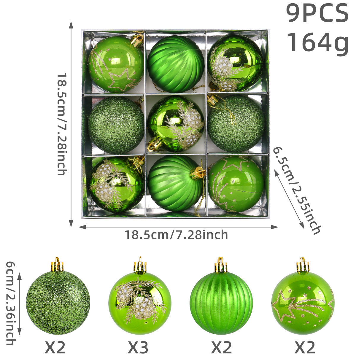 Christmas Tree Ball Ornaments 9 Piece Boxed Set - Green