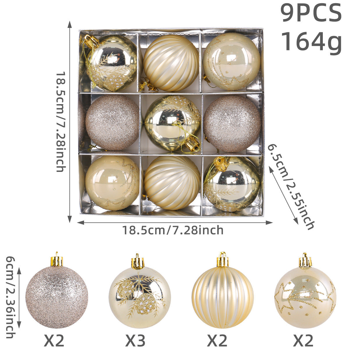Christmas Tree Ball Ornaments 9 Piece Boxed Set - Lightyellow