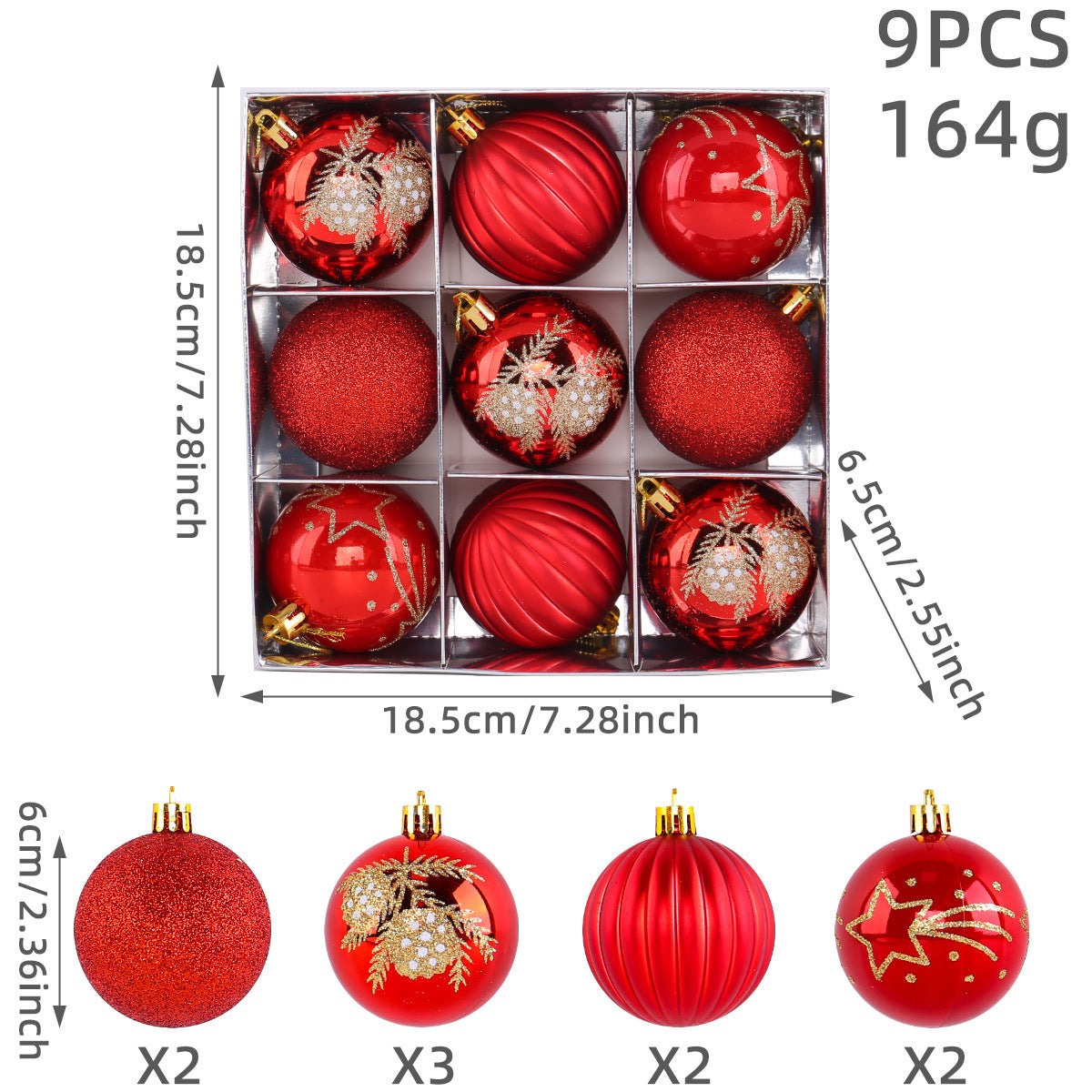 Christmas Tree Ball Ornaments 9 Piece Boxed Set - Red