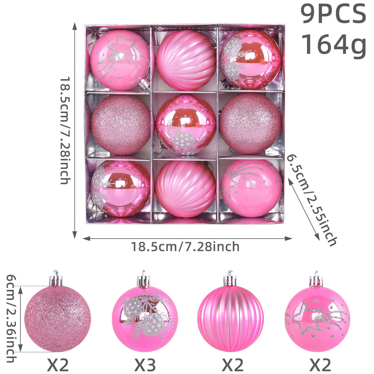 Christmas Tree Ball Ornaments 9 Piece Boxed Set - Rosered