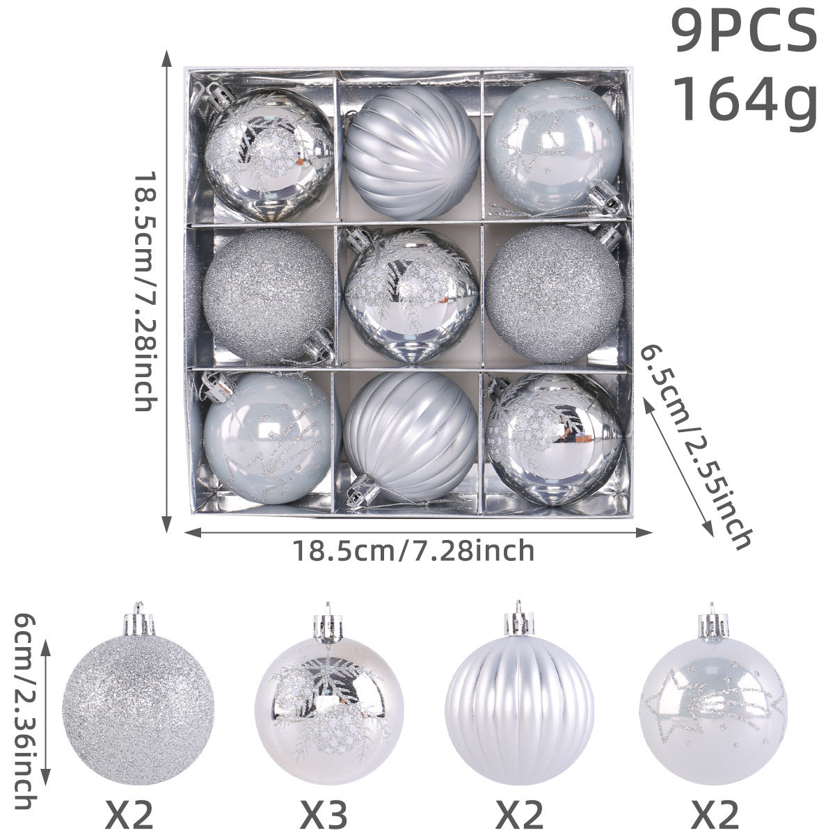Christmas Tree Ball Ornaments 9 Piece Boxed Set - Silvery