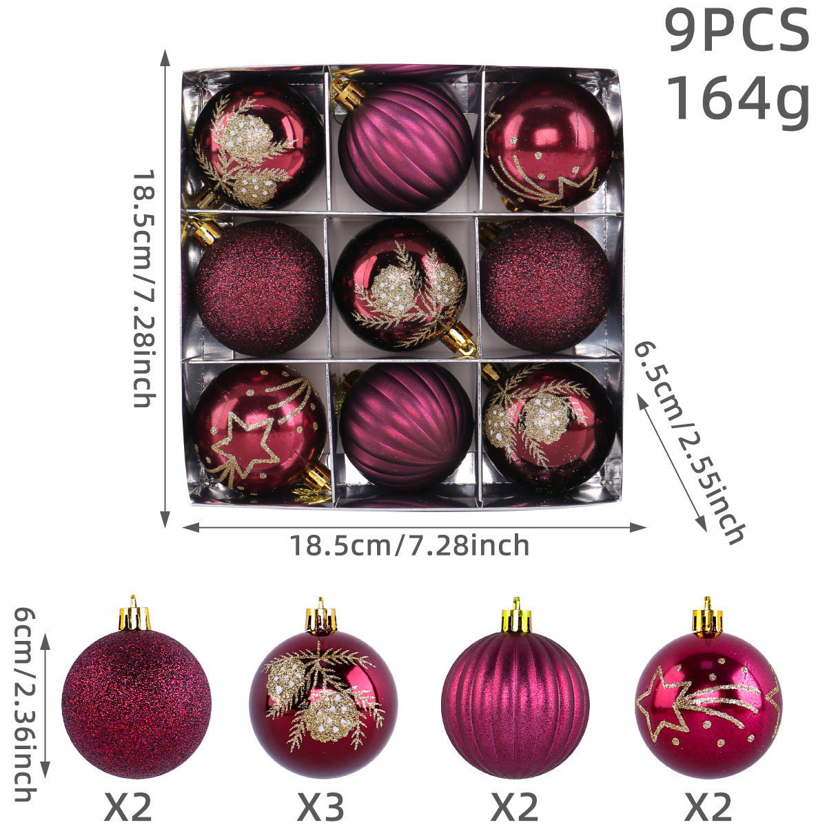 Christmas Tree Ball Ornaments 9 Piece Boxed Set - Winered