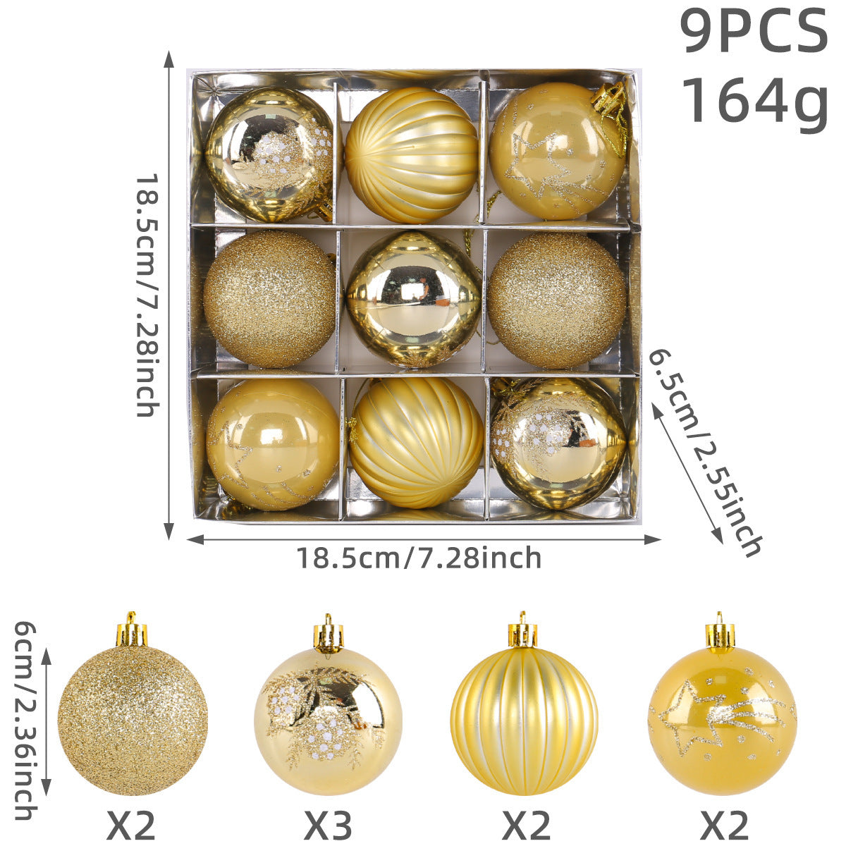 Christmas Tree Ball Ornaments 9 Piece Boxed Set - Yellow