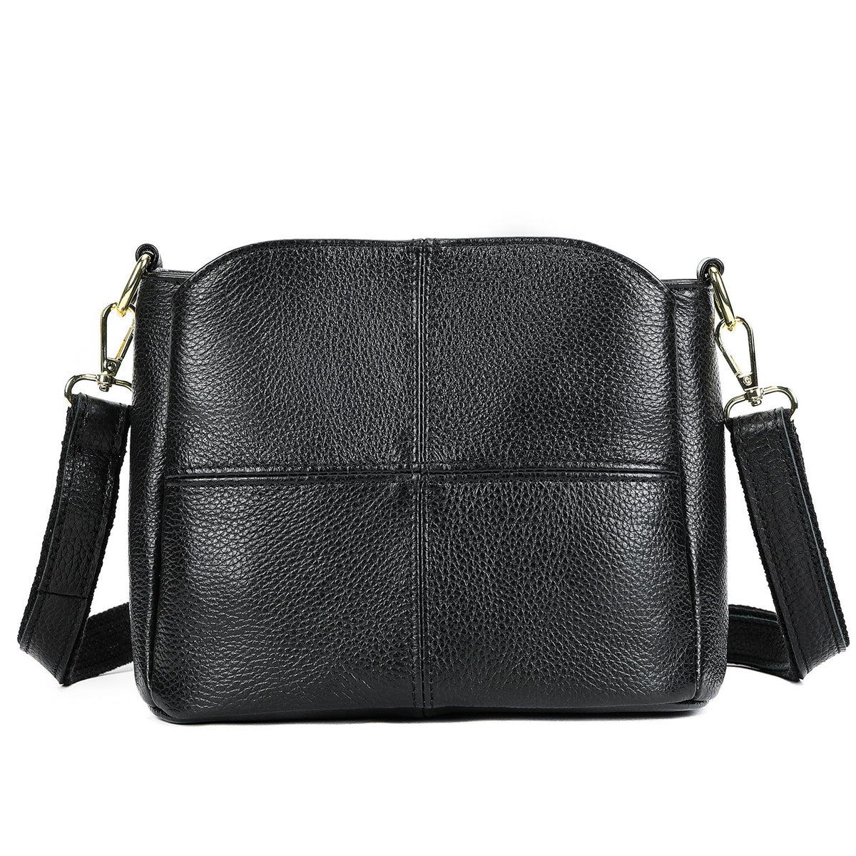 Pebbled Leather Crossbody Bag With Two Straps - Black