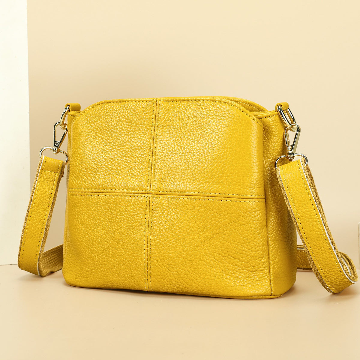 Pebbled Leather Crossbody Bag With Two Straps - Bright Yellow