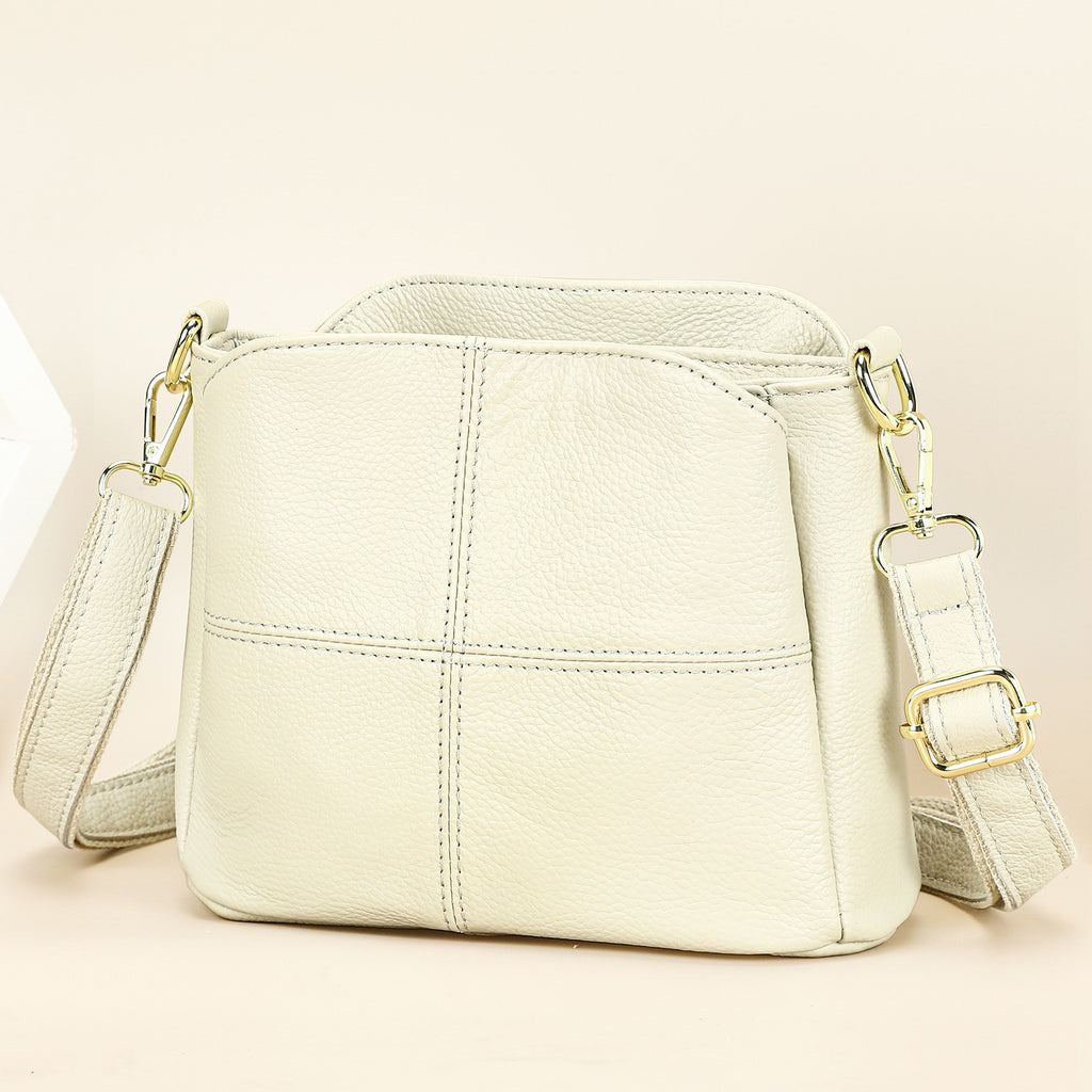Pebbled Leather Crossbody Bag With Two Straps - Cream