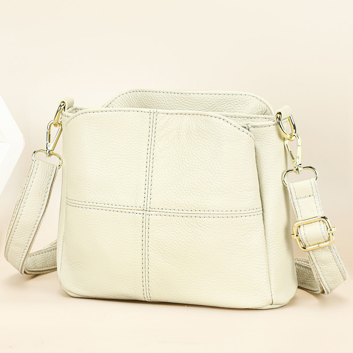 Pebbled Leather Crossbody Bag With Two Straps - Cream