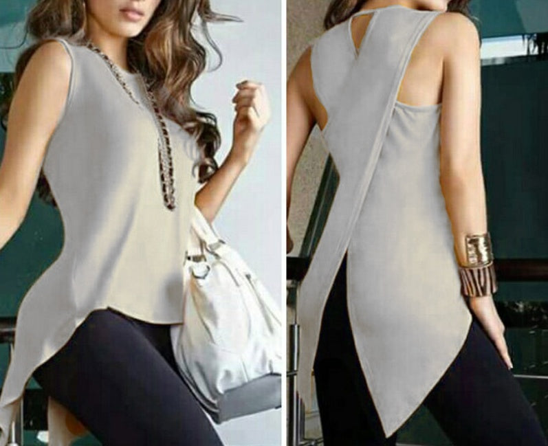 Crossover Asymmetric Hem Sleeveless Top - Gray