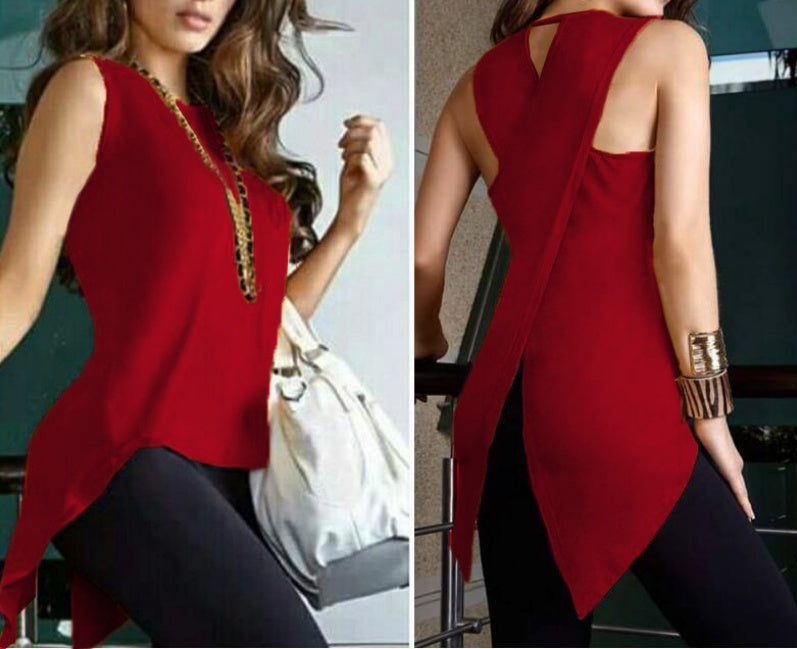 Crossover Asymmetric Hem Sleeveless Top - Red