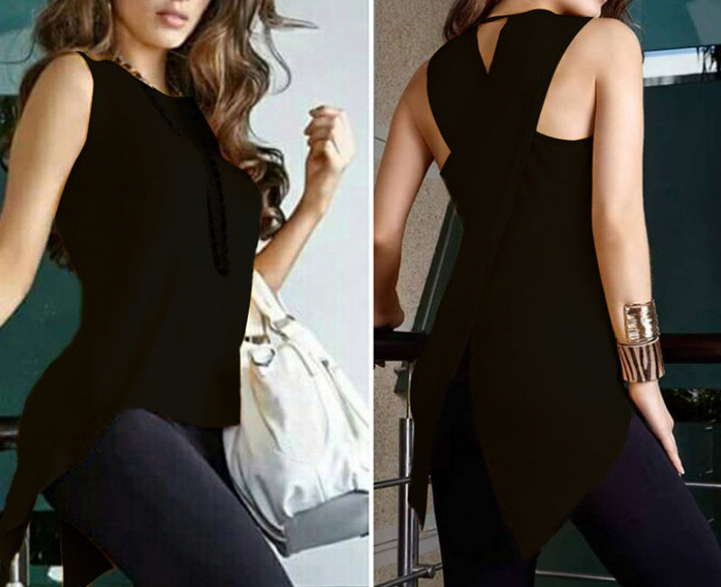 Crossover Asymmetric Hem Sleeveless Top - black