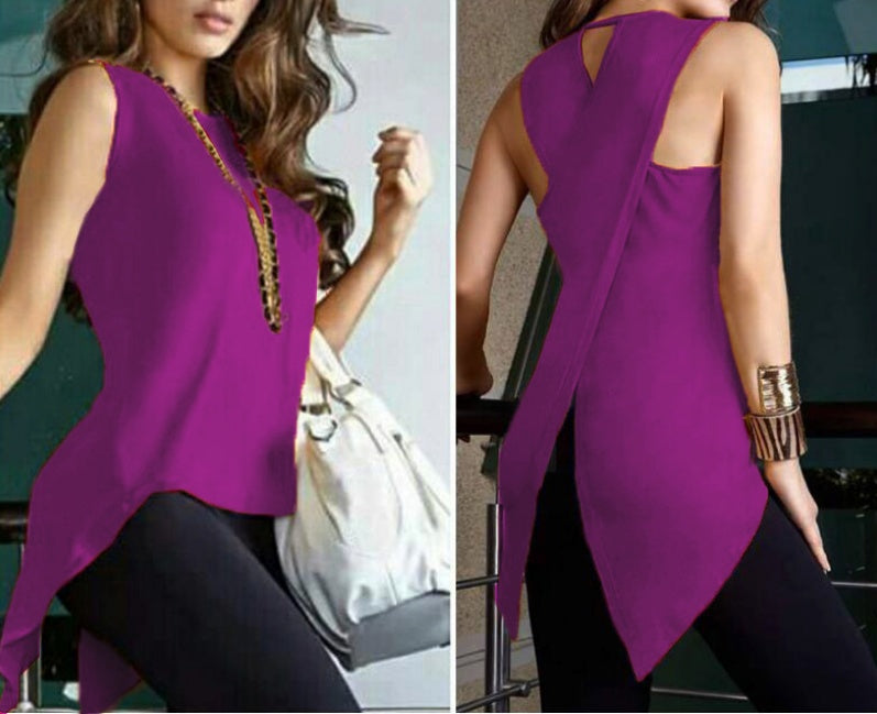 Crossover Asymmetric Hem Sleeveless Top - purple