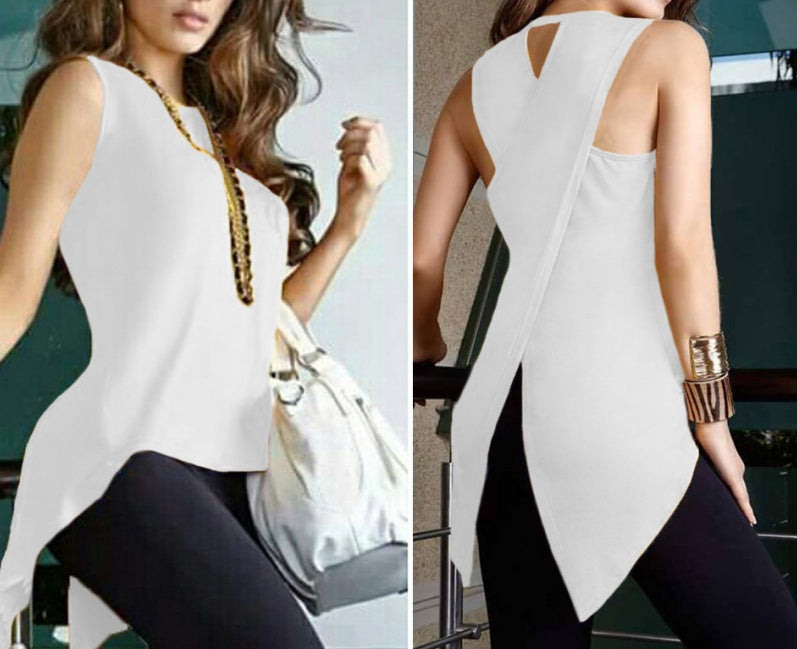 Crossover Asymmetric Hem Sleeveless Top - white
