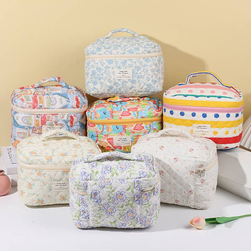 Quilted Cotton Toiletry Bag With Top Handle