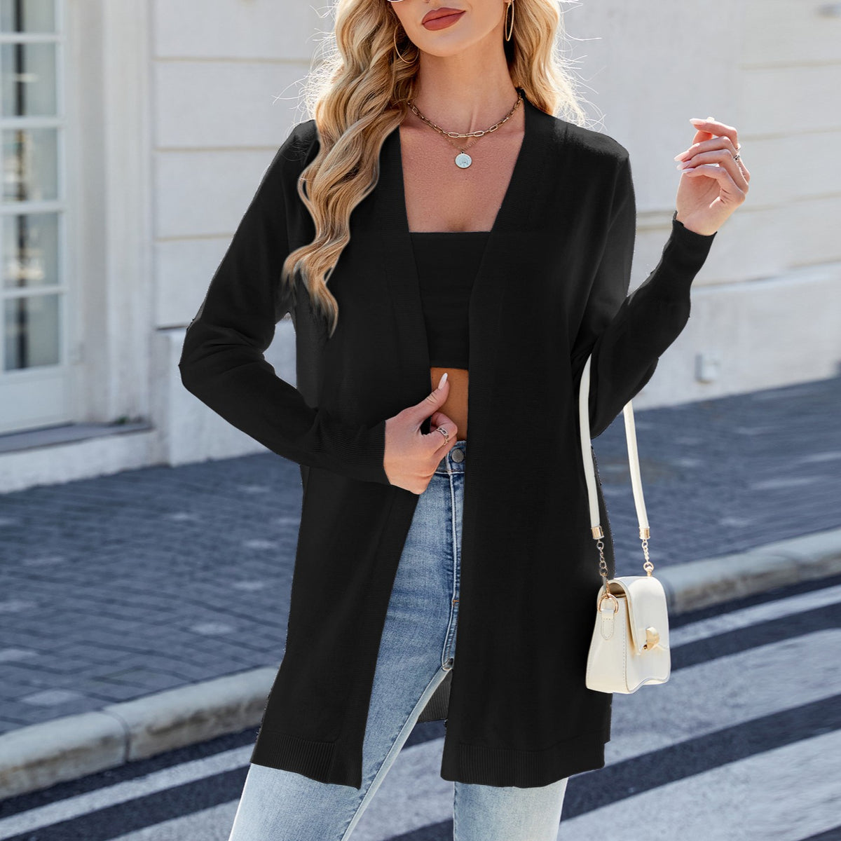 Longline Open Front Knit Cardigan - Black