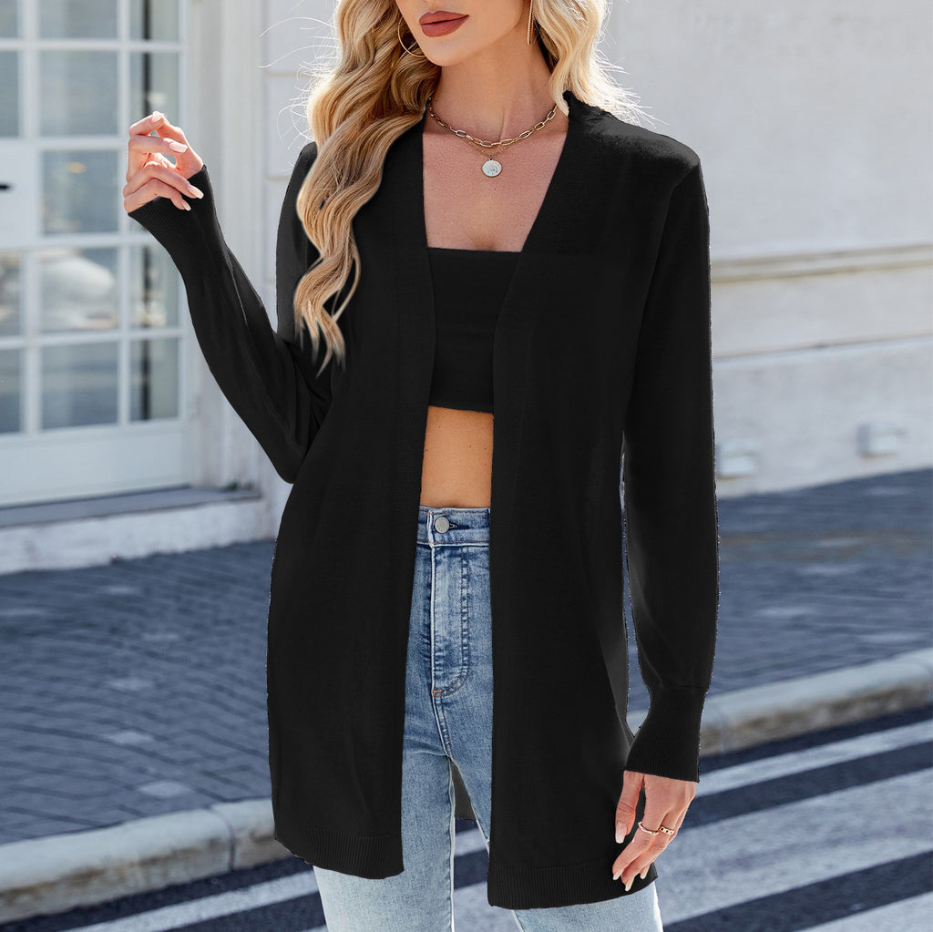 Longline Open Front Knit Cardigan - Black - 1