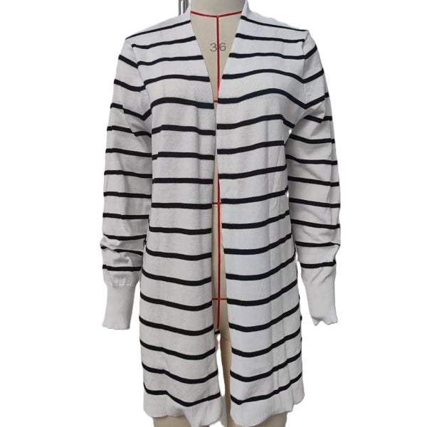 Longline Open Front Knit Cardigan - Stripe