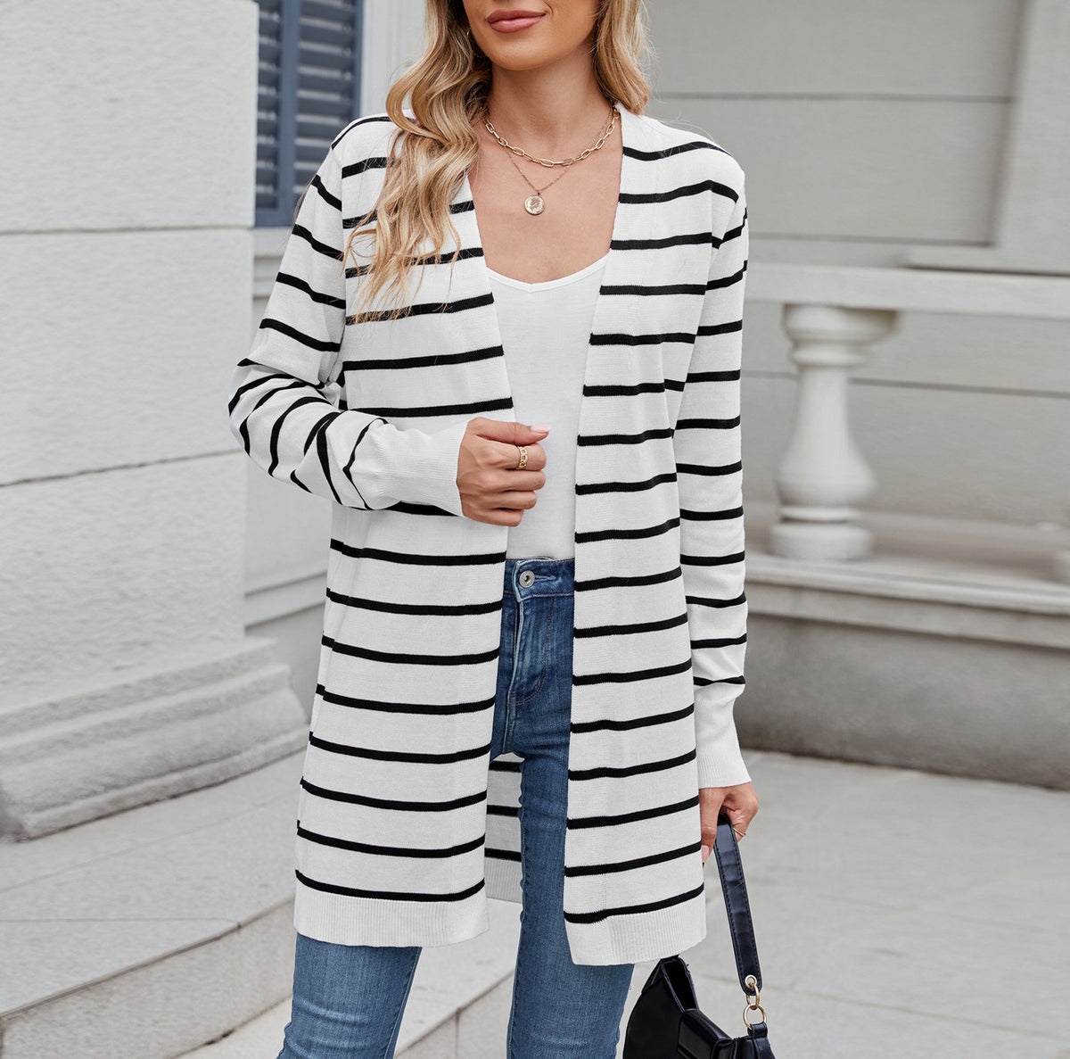 Longline Open Front Knit Cardigan - Stripe - 1