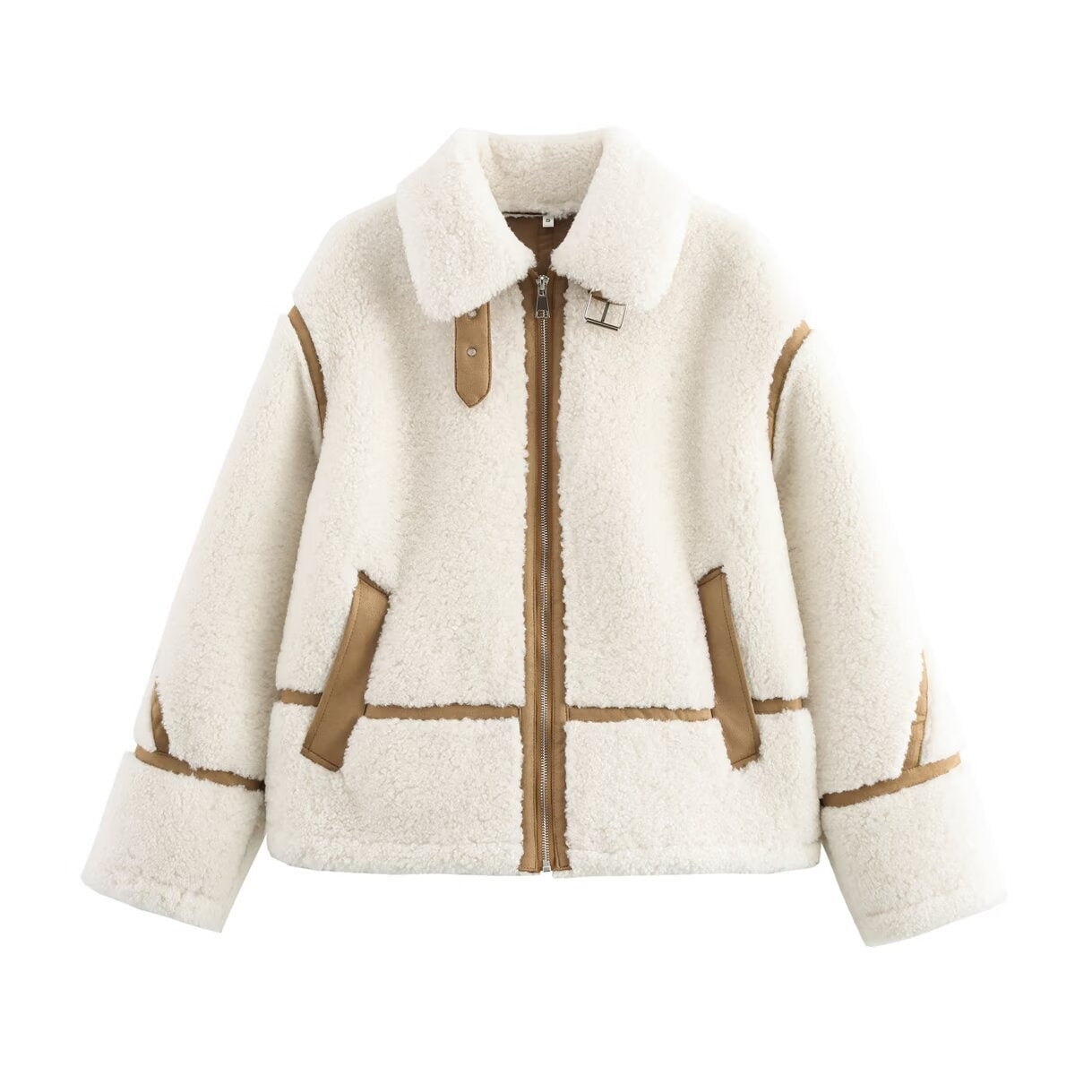 Faux Suede Trim Sherpa Zip Jacket - White