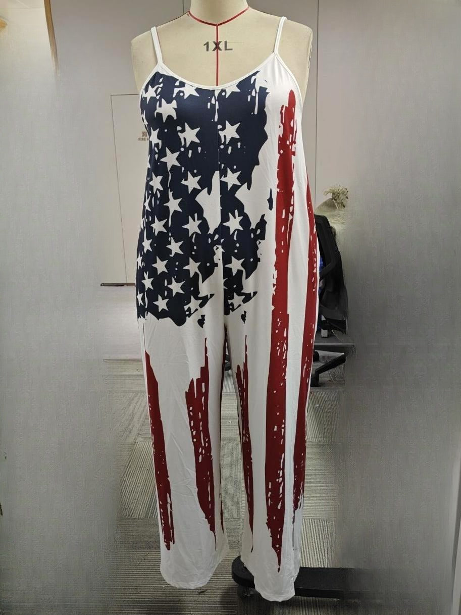 Distressed Flag Print Wide Leg Jumpsuit - Red