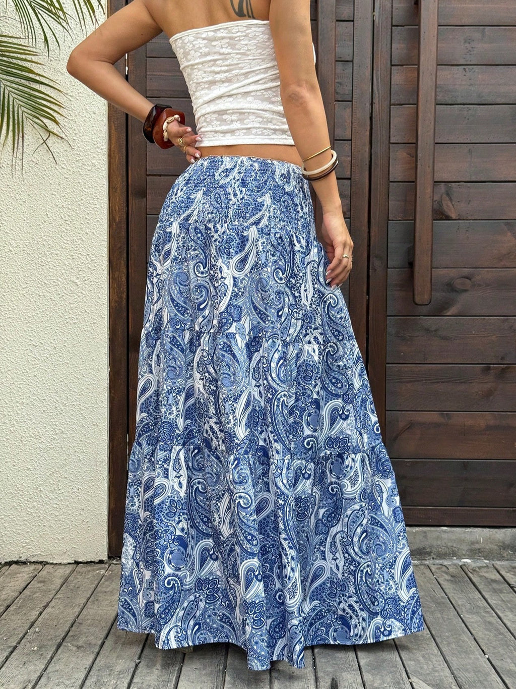 Paisley Print Tiered Boho Maxi Skirt - Blue - 1