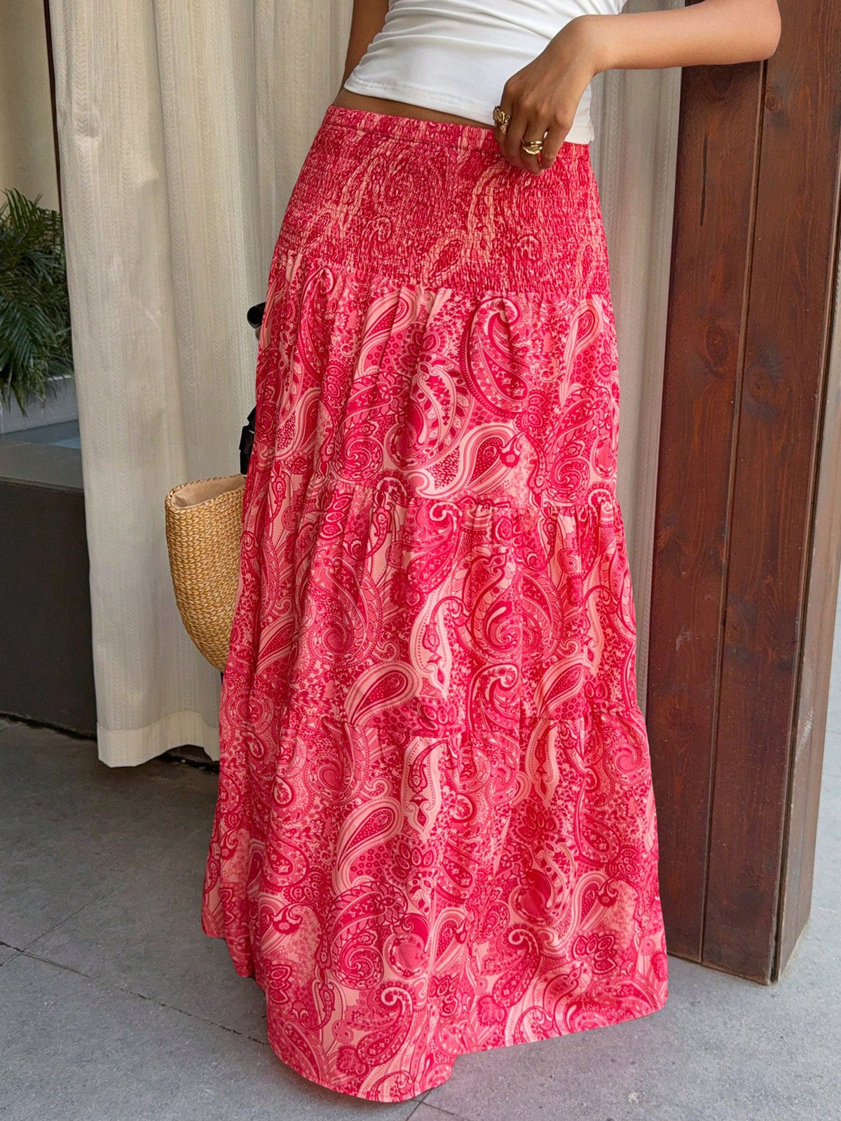 Paisley Print Tiered Boho Maxi Skirt - RoseRed