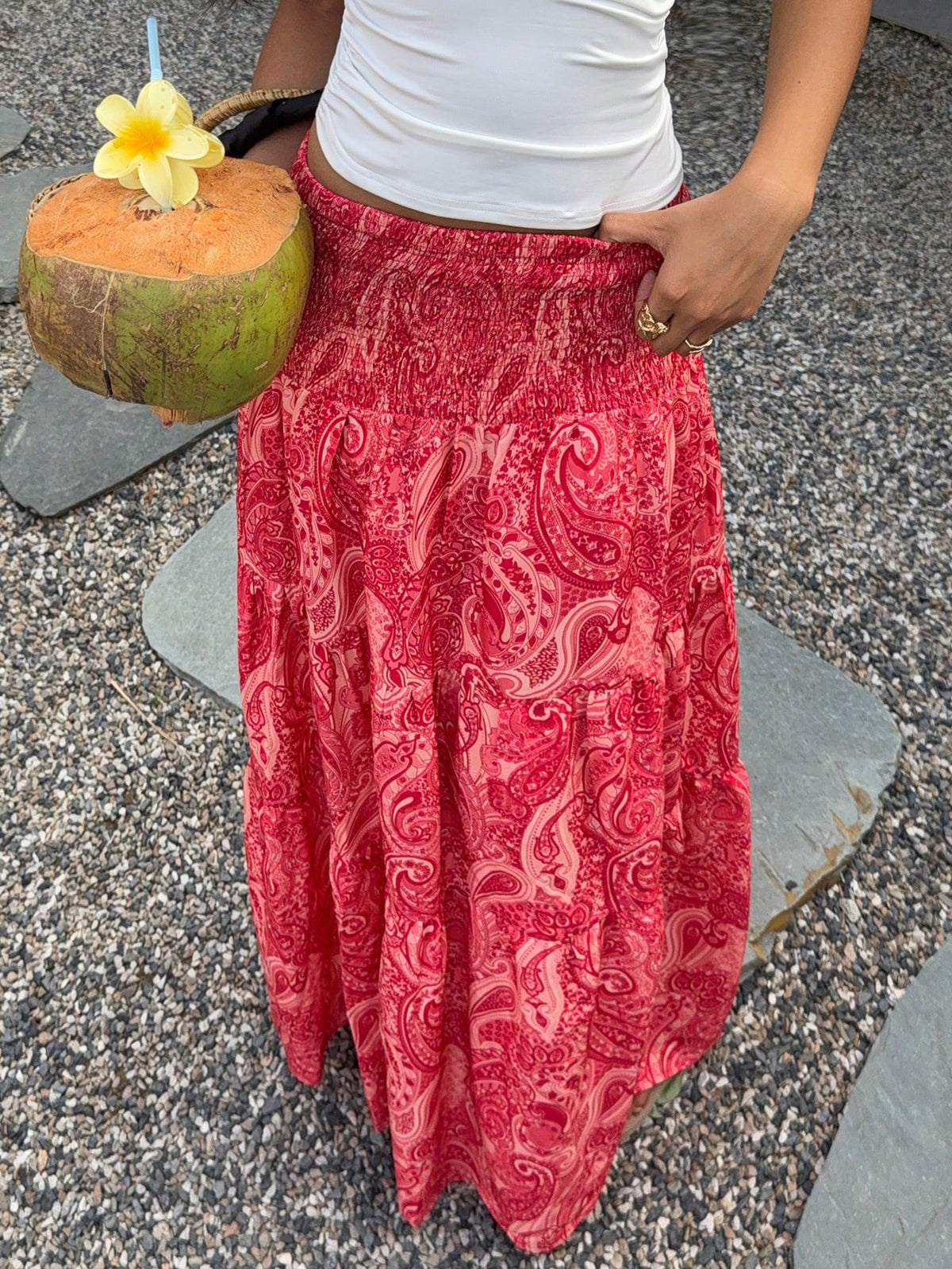 Paisley Print Tiered Boho Maxi Skirt - RoseRed - 1