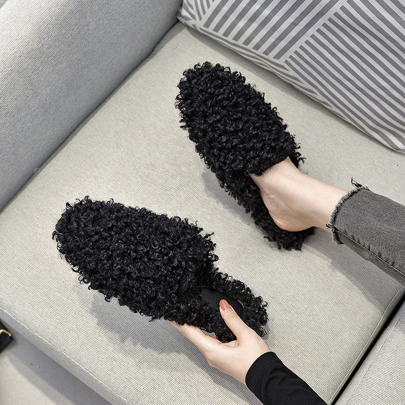 Curly Faux Shearling Slip-On Mules - Black