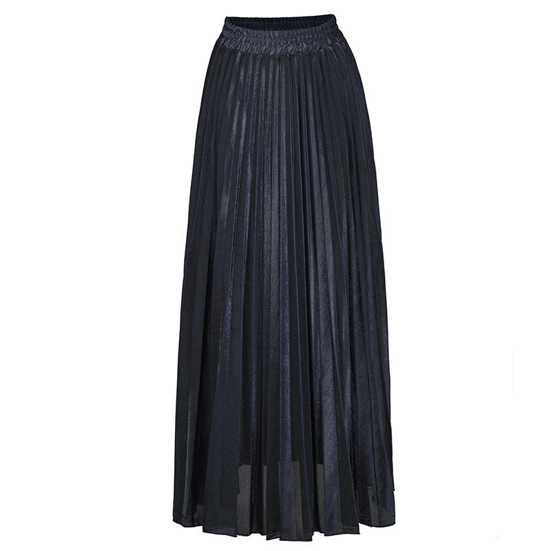 Metallic Pleated High Waist Maxi Skirt - Black