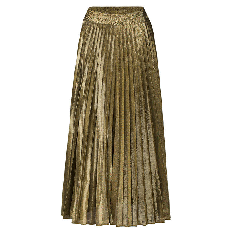 Metallic Pleated High Waist Maxi Skirt - Gold