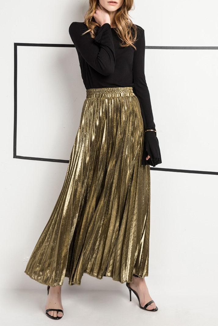 Metallic Pleated High Waist Maxi Skirt - Gold - 1