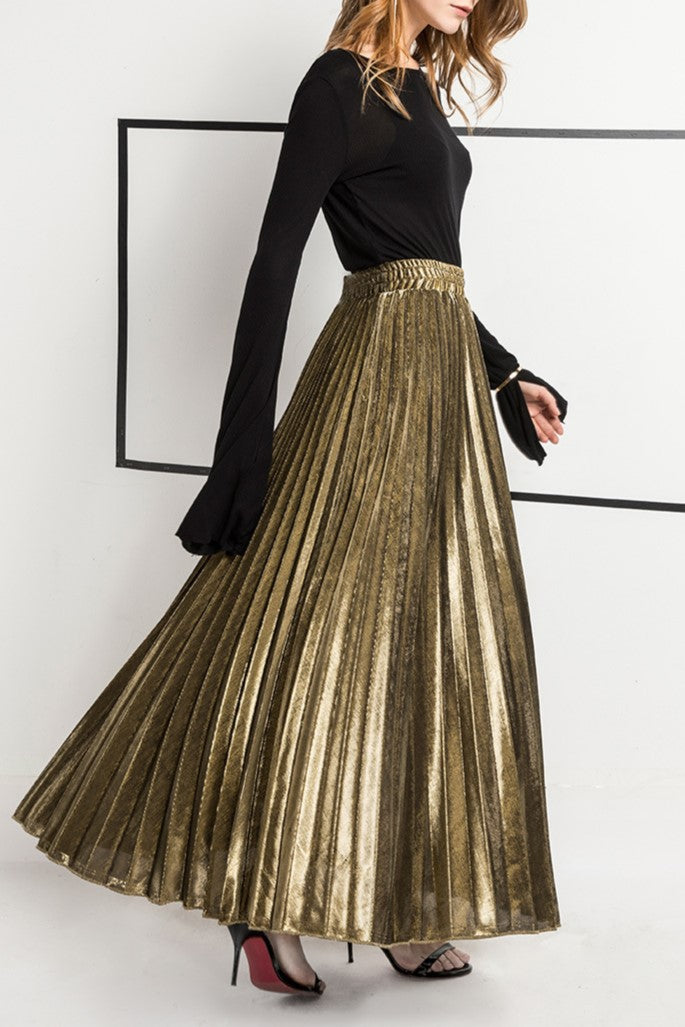 Metallic Pleated High Waist Maxi Skirt - Gold - 2