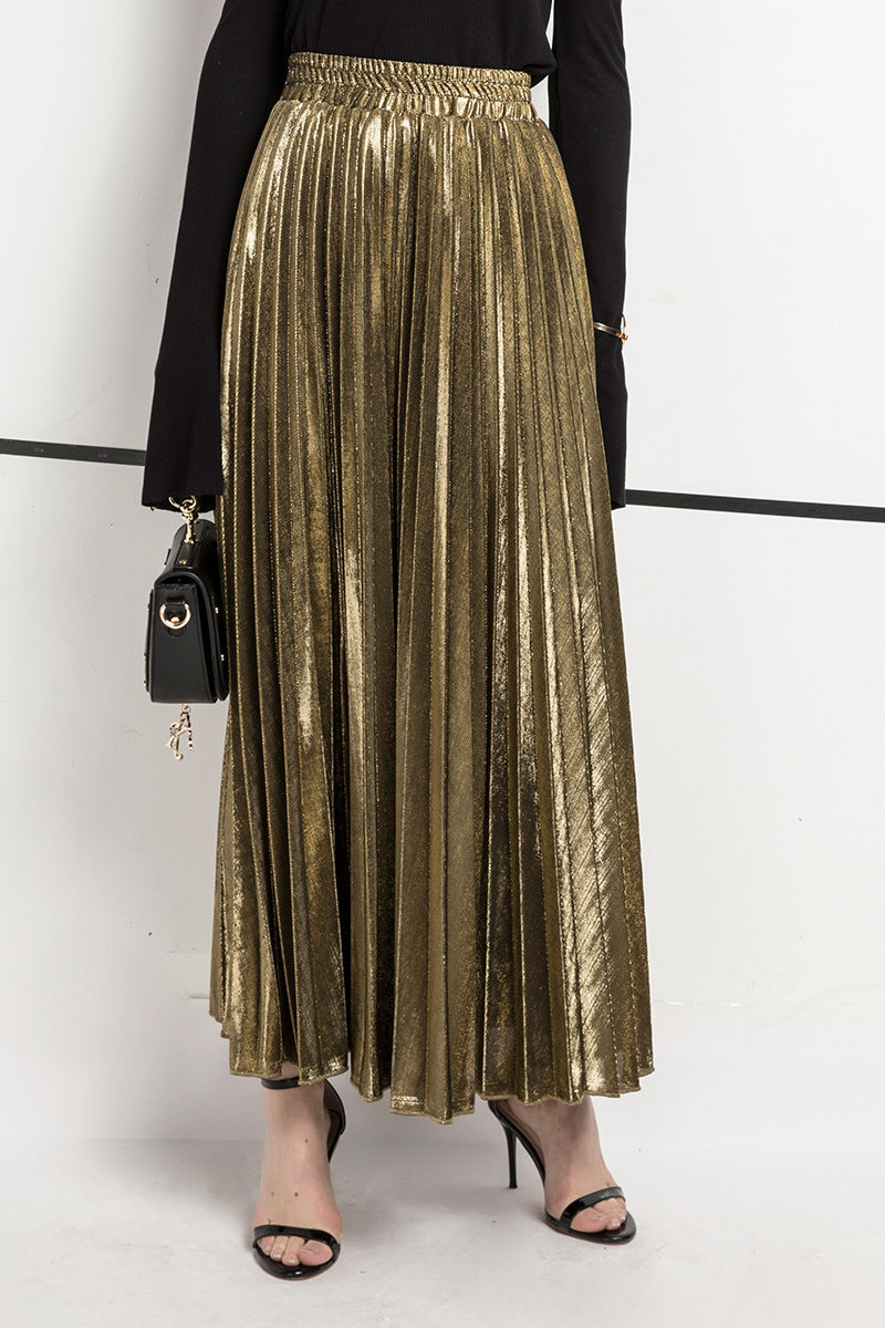 Metallic Pleated High Waist Maxi Skirt - Gold - 3