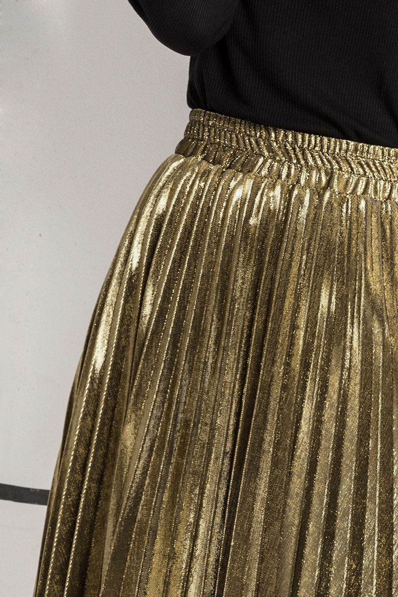 Metallic Pleated High Waist Maxi Skirt - Gold - 4