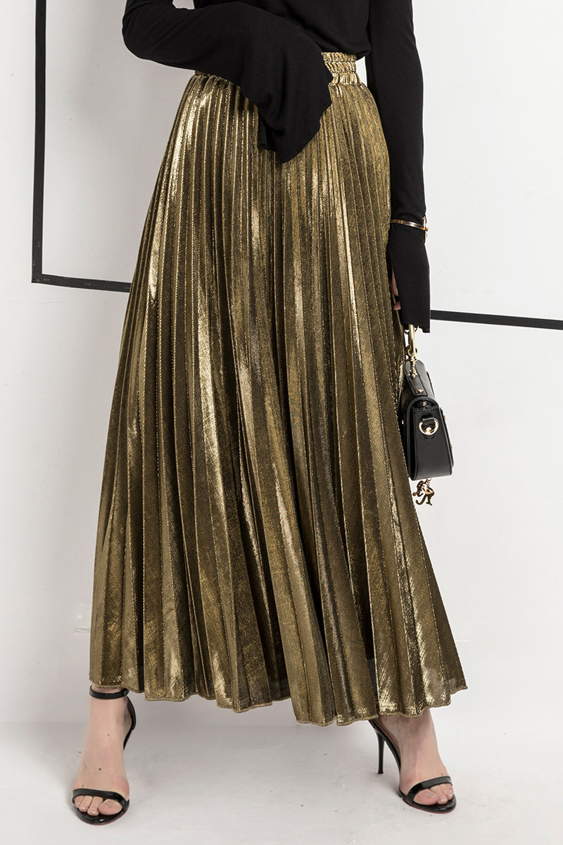 Metallic Pleated High Waist Maxi Skirt - Gold - 5