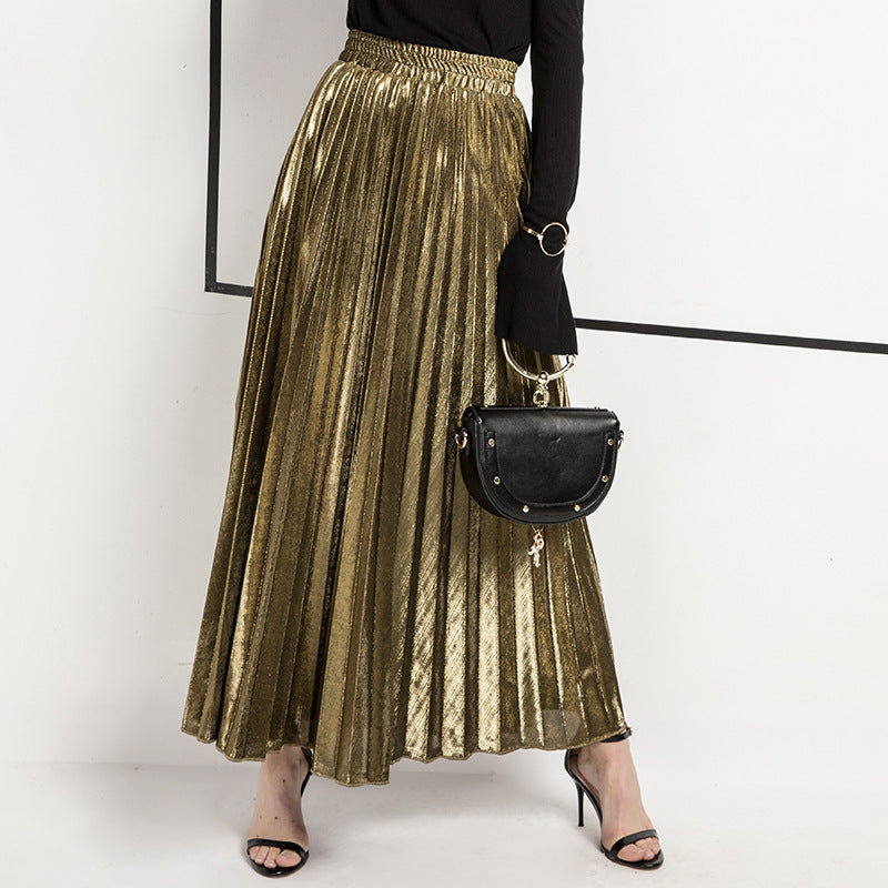 Metallic Pleated High Waist Maxi Skirt - Gold - 6