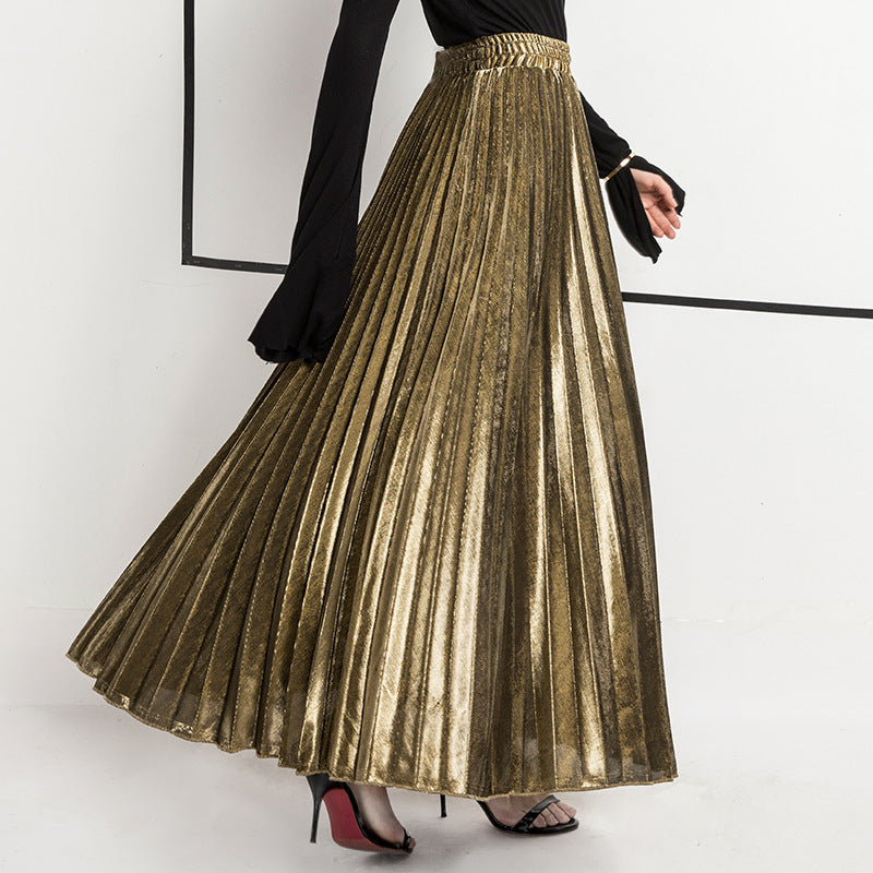 Metallic Pleated High Waist Maxi Skirt - Gold - 7