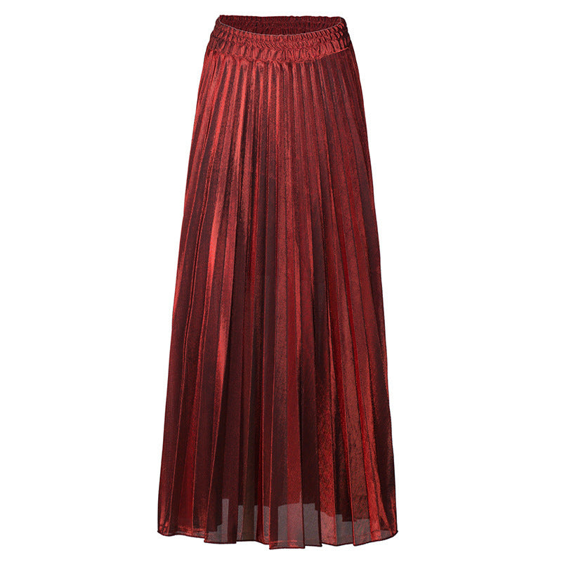 Metallic Pleated High Waist Maxi Skirt - Red