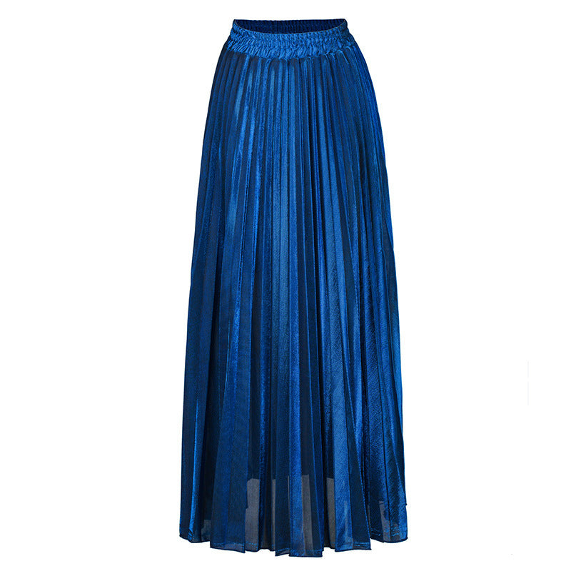 Metallic Pleated High Waist Maxi Skirt - Royal