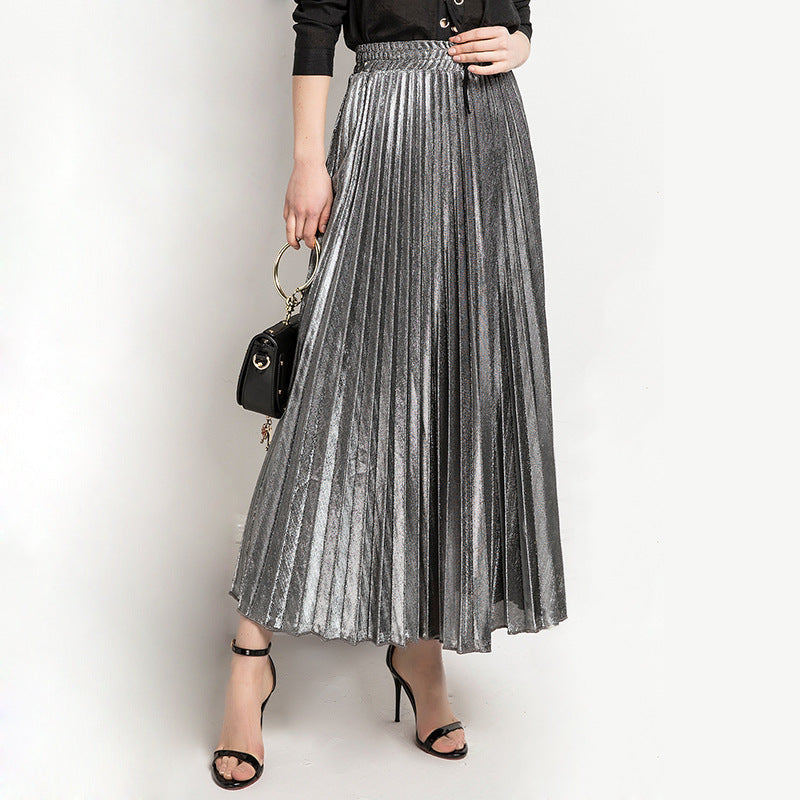 Metallic Pleated High Waist Maxi Skirt - Silver